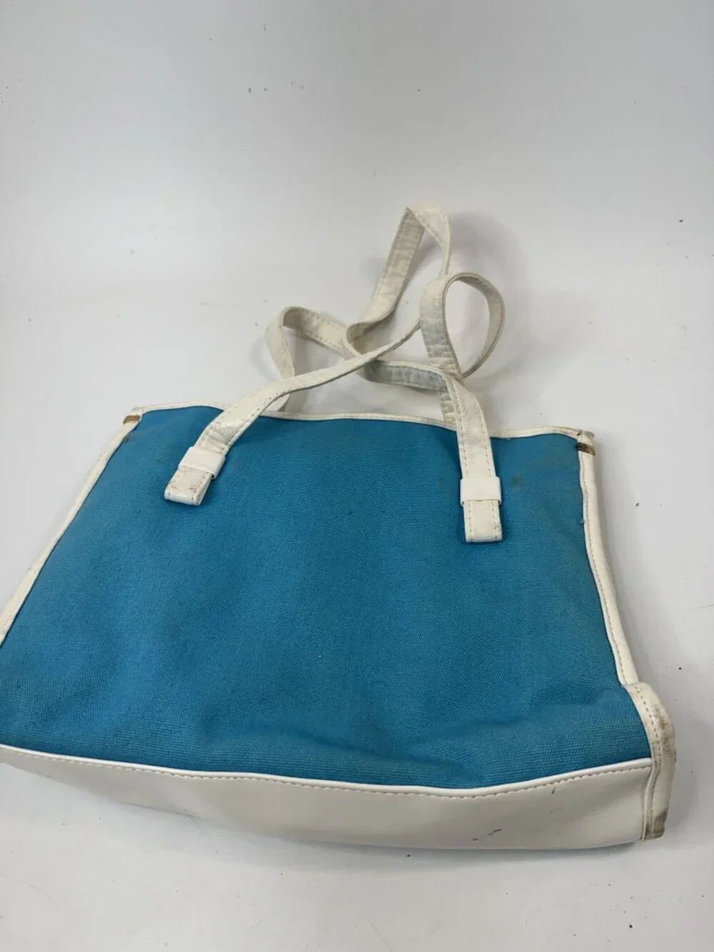 Vintage Blue & White Canvas Tote Bag With Faux Leather Trim